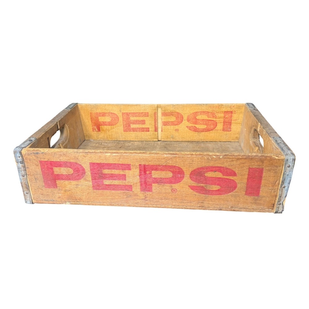Vintage Pepsi Wooden Soda Crate 24 Bottle Carrier Red Logo Metal Corners Rustic